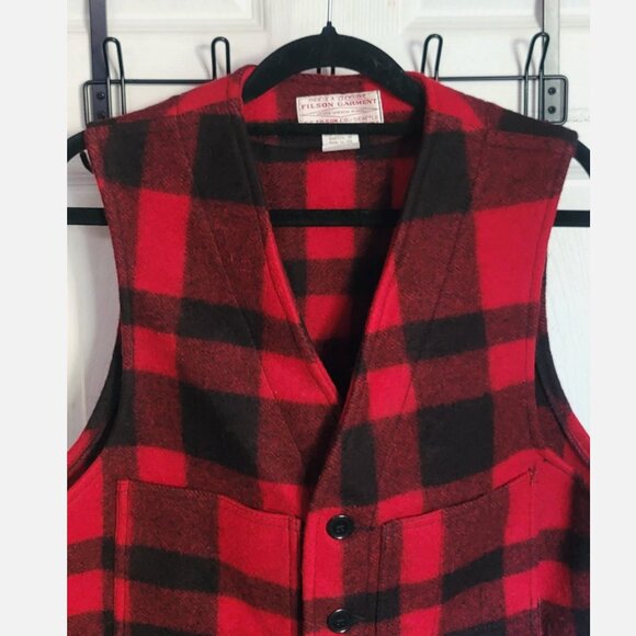 Vintage Filson USA Mackinaw Wool Hunting Vest Men 38 Red Buffalo Plaid Style 20 - Picture 2 of 10